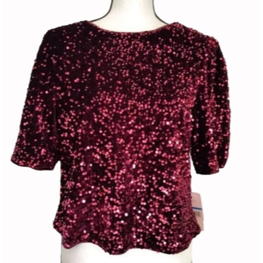 Nanette Lepore Beautiful Red Ruby Velvet Sequined Holiday Event Top Size M